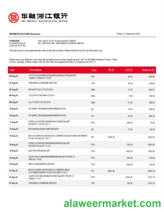 Huarong Xiangjiang Bank company account statement Word and PDF template
